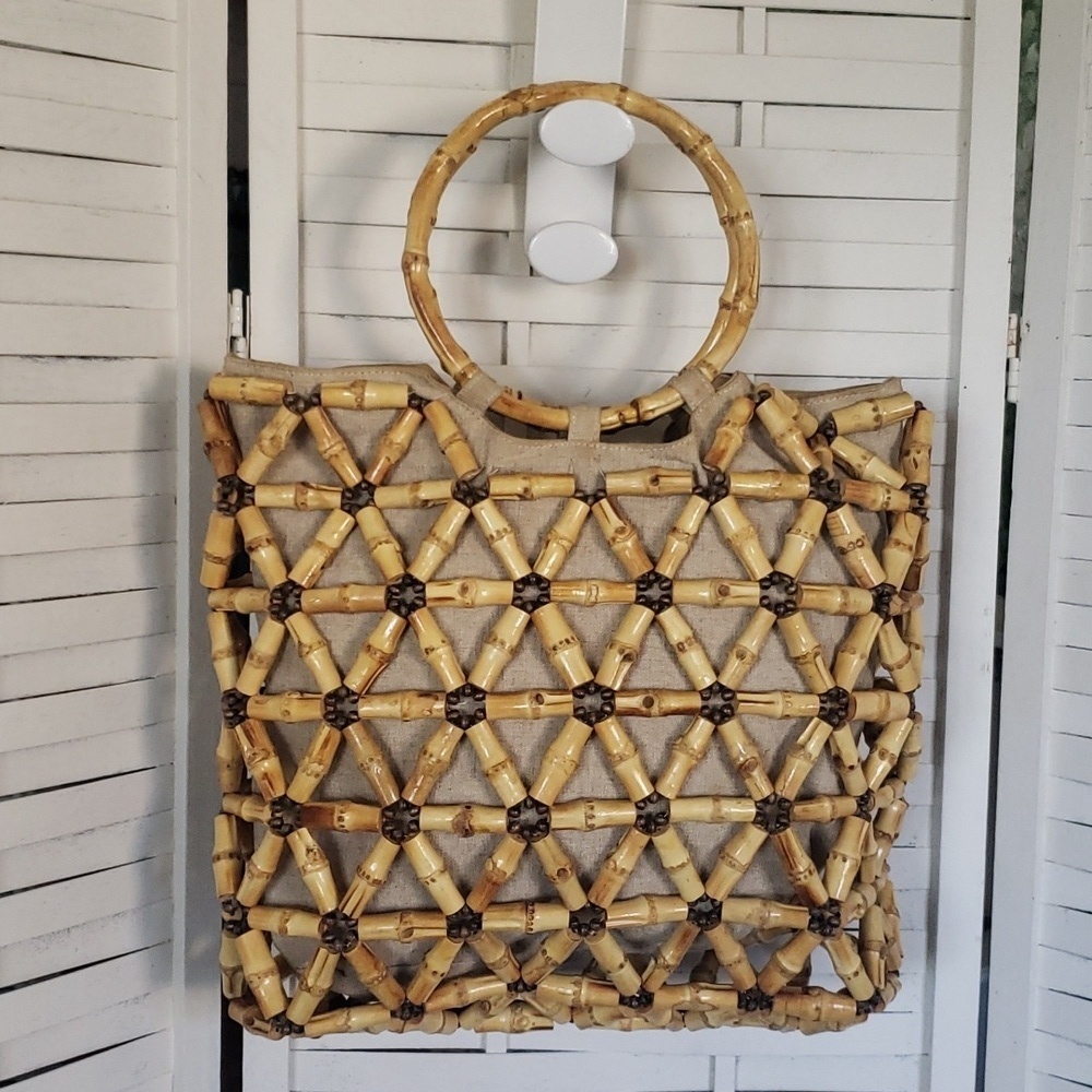 The Limited natural bamboo art tote fabric lined bag